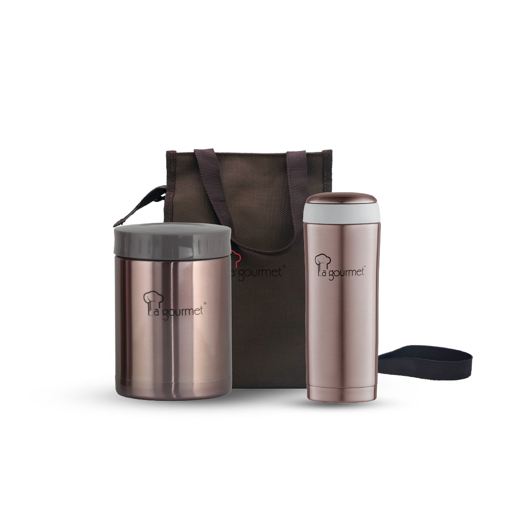 Sakura 3pcs Lunch set: 0.58L Food Jar + 0.35L Sport Tumbler+ Big Pouch (Brass Brown)