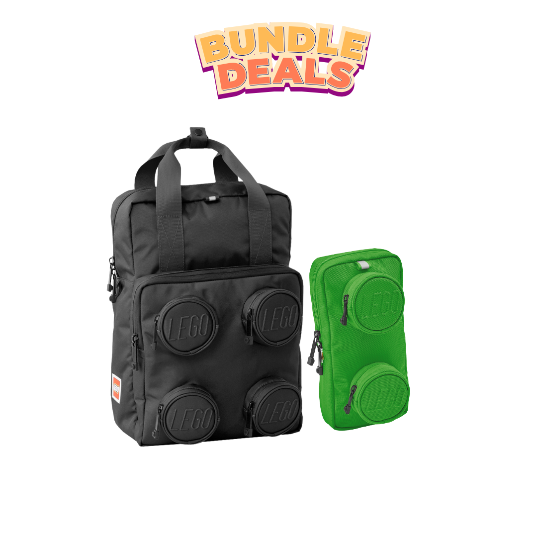 Combo Signature Brick 2x2 Kids Children Backpack (Black) + Signature Brick 1x2 Sling Bag (Green)