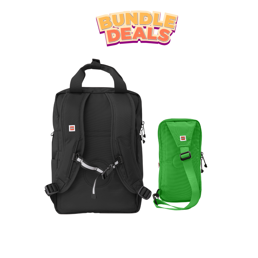 Combo Signature Brick 2x2 Kids Children Backpack (Black) + Signature Brick 1x2 Sling Bag (Green)