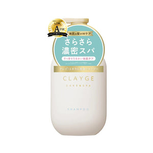 A bottle of CLAYGE shampoo with a label predominantly in blue and white colors, indicating it is a hair care product.