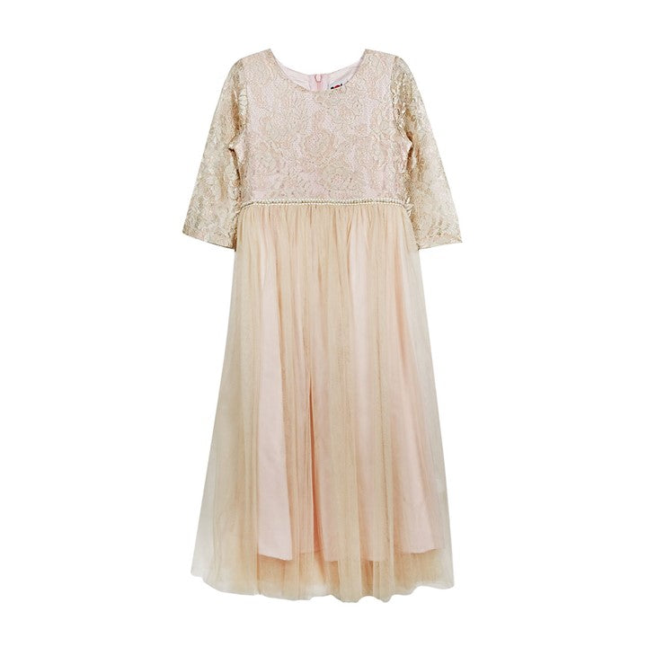 MINI PINK Girl Matte Gold Shimmer Lace Tulle Party Long Maxi Dress Beige | Isetan KL Online Store