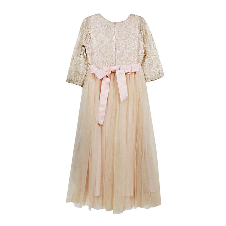 MINI PINK Girl Matte Gold Shimmer Lace Tulle Party Long Maxi Dress Beige | Isetan KL Online Store