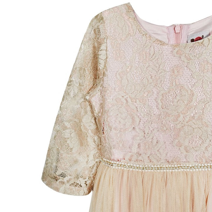 MINI PINK Girl Matte Gold Shimmer Lace Tulle Party Long Maxi Dress Beige | Isetan KL Online Store