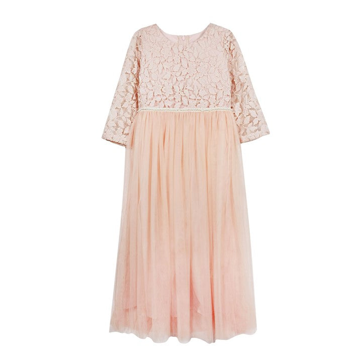 MINI PINK Girl Peach Embroidered Lace Tulle Party Long Maxi Dress | Isetan KL Online Store