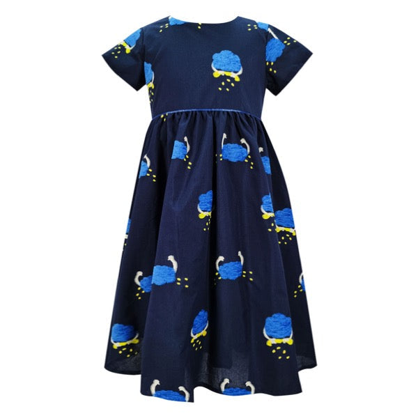 Girls Happy Clouds Navy Cotton Embroidery Short Sleeve Dress