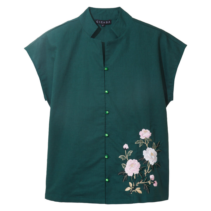 Verdant Blossom Mandarin Blouse (Emerald)
