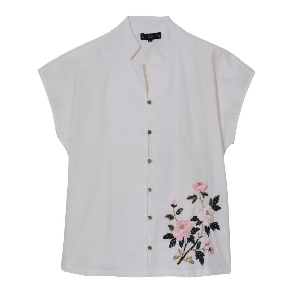 Verdant Blossom Mandarin Blouse (White)