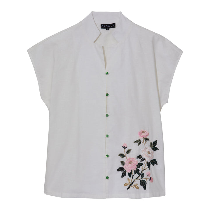 Verdant Blossom Mandarin Blouse (White)