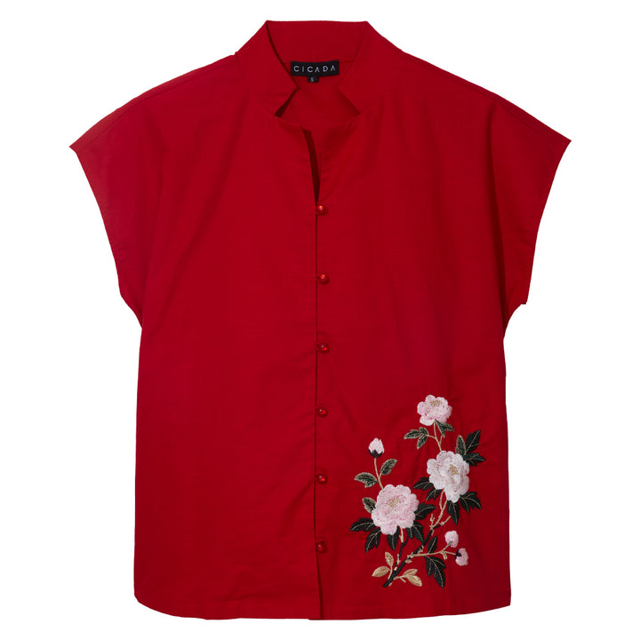 Verdant Blossom Mandarin Blouse (Maroon)