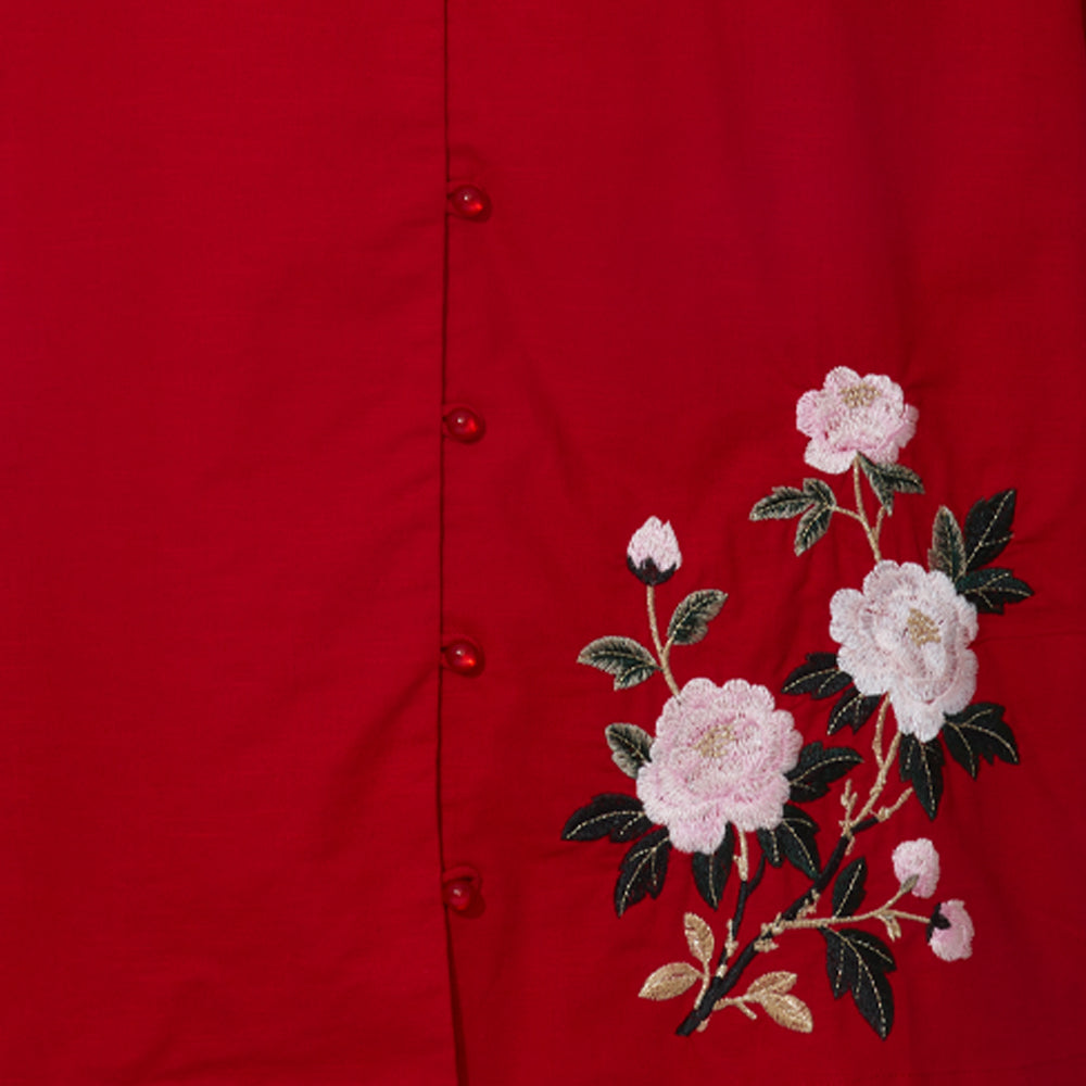 Verdant Blossom Mandarin Blouse (Maroon)