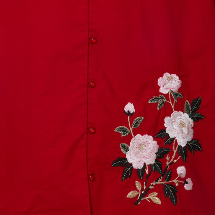 Verdant Blossom Mandarin Blouse (Maroon)