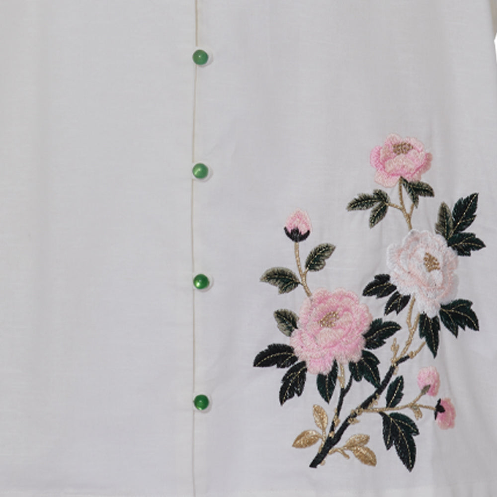 Verdant Blossom Mandarin Blouse (White)