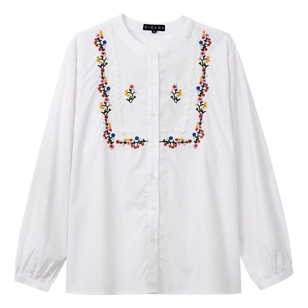 Long Sleeve Square Floral Blouse (White)