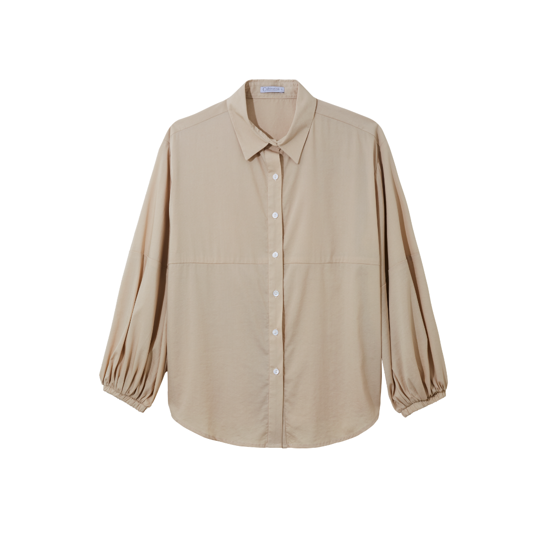 Balloon-Sleeve Button Shirts (Beige)