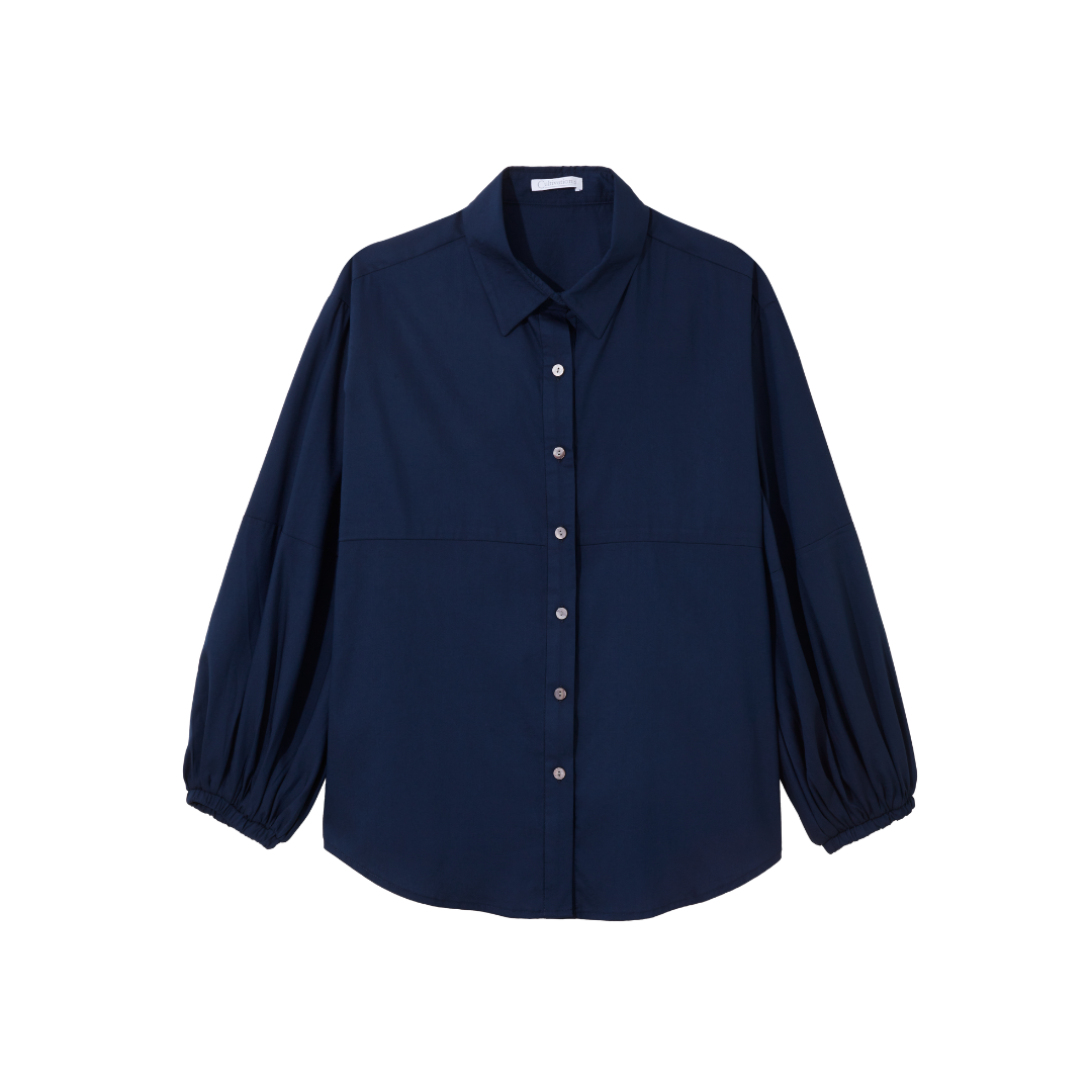 Balloon-Sleeve Button Shirts (Navy)
