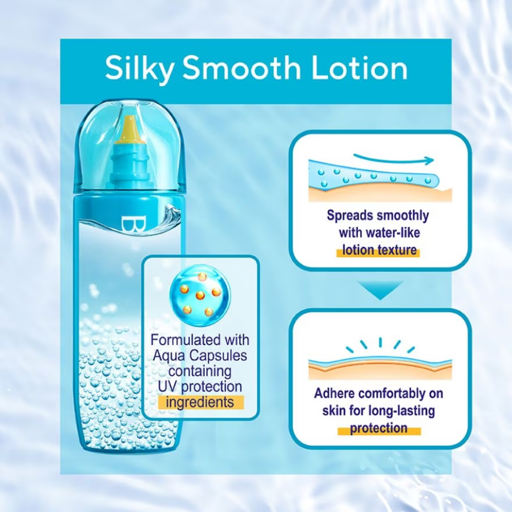Silky smooth lotion packaging with text and illustrations on a blue background