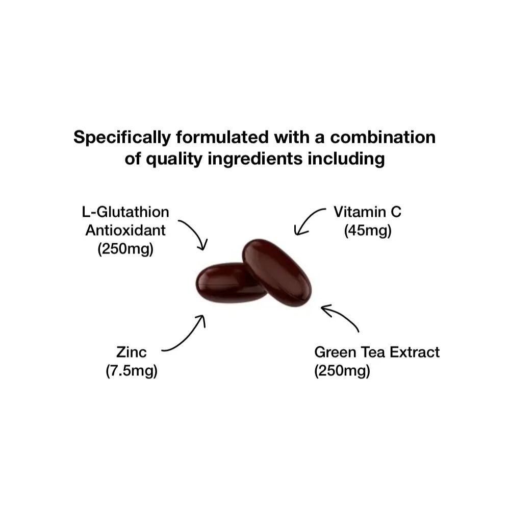 Illustration of two dark red capsules with labeled ingredients on a white background