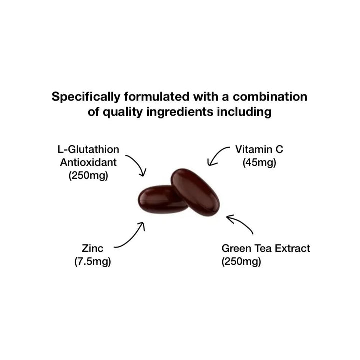 Illustration of two dark red capsules with labeled ingredients on a white background