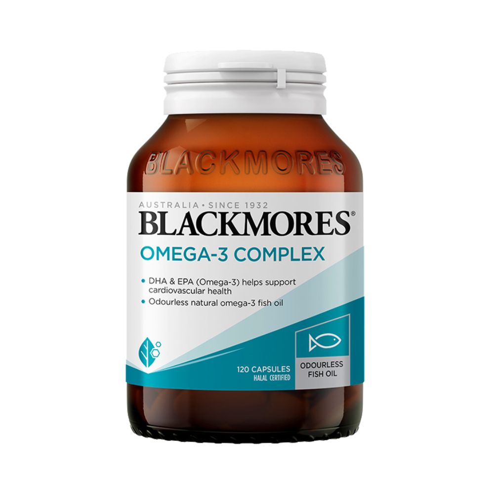 Blackmores Omega-3 Complex supplement bottle on a white background