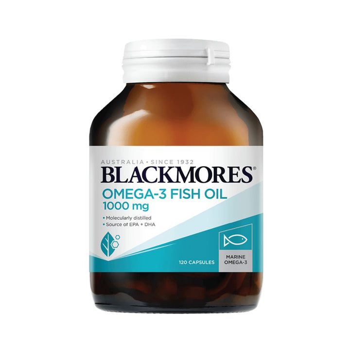 Blackmores Omega-3 Fish Oil bottle on a white background