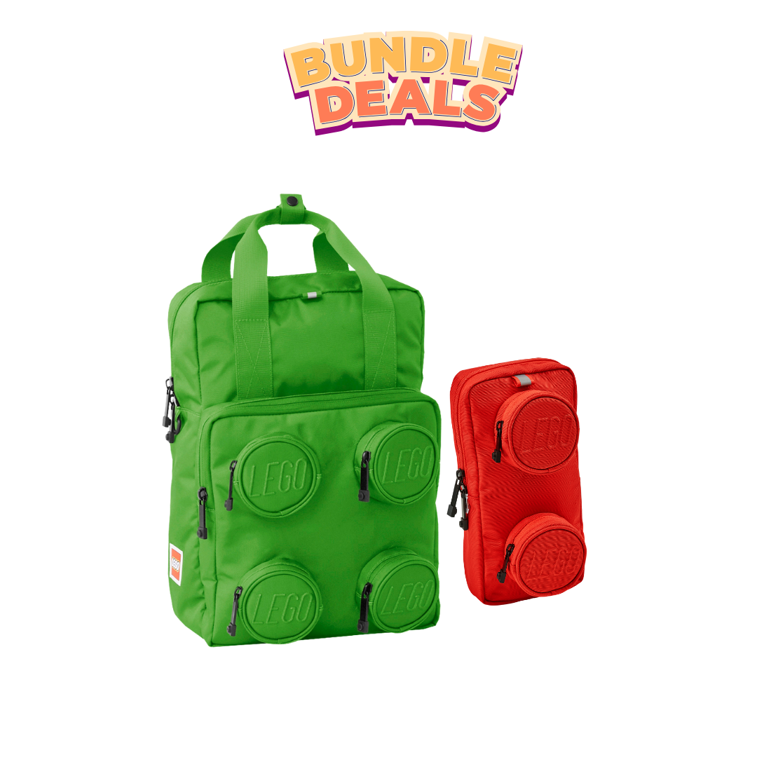 Combo Signature Brick 2x2 Kids Children Backpack (Green) + Signature Brick 1x2 Sling Bag (Red)