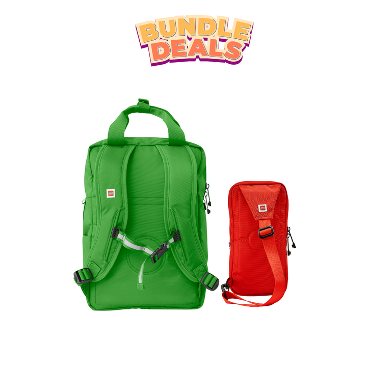 Combo Signature Brick 2x2 Kids Children Backpack (Green) + Signature Brick 1x2 Sling Bag (Red)