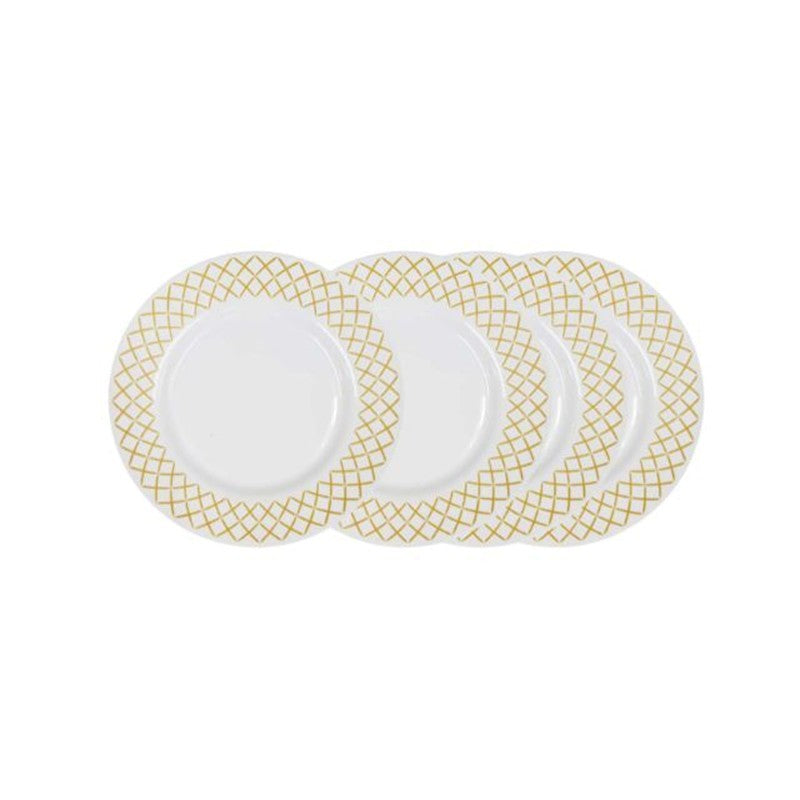 Set of three white plates with gold geometric patterns on a white background