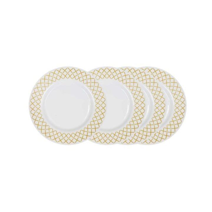 Set of three white plates with gold geometric patterns on a white background