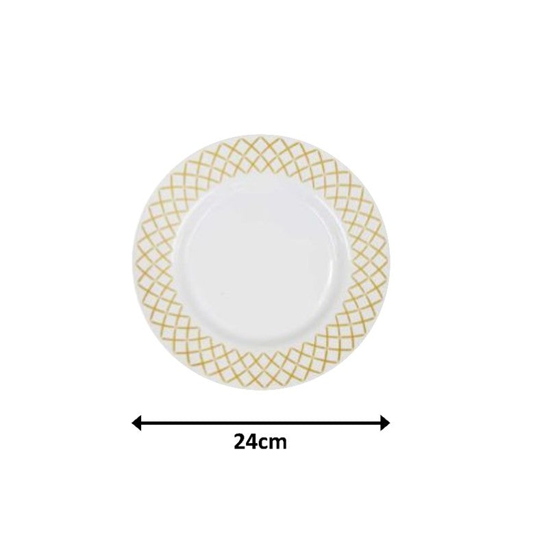 White plate with gold decorative rim and measurement label on a white background
