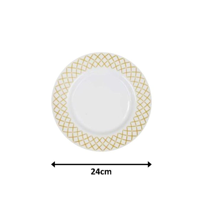 White plate with gold decorative rim and measurement label on a white background