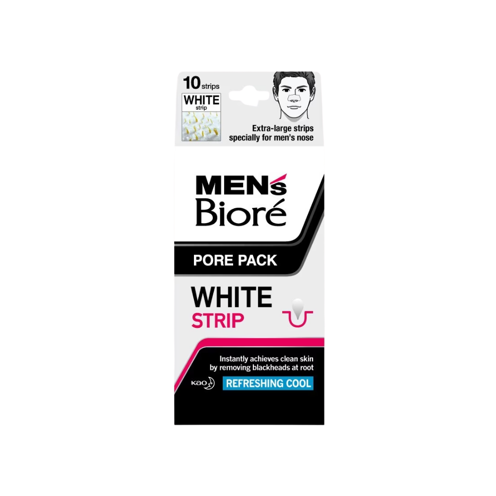 Mens Biore white strip pore pack packaging on a white background
