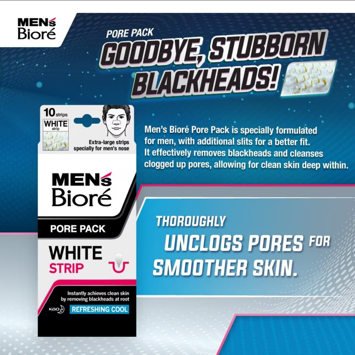 Men's Biore pore pack advertisement with packaging and text on a blue and gray background