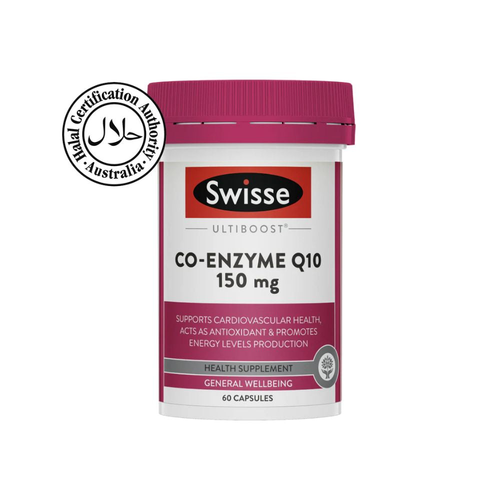 Swisse Co-Enzyme Q10 supplement bottle on a white background