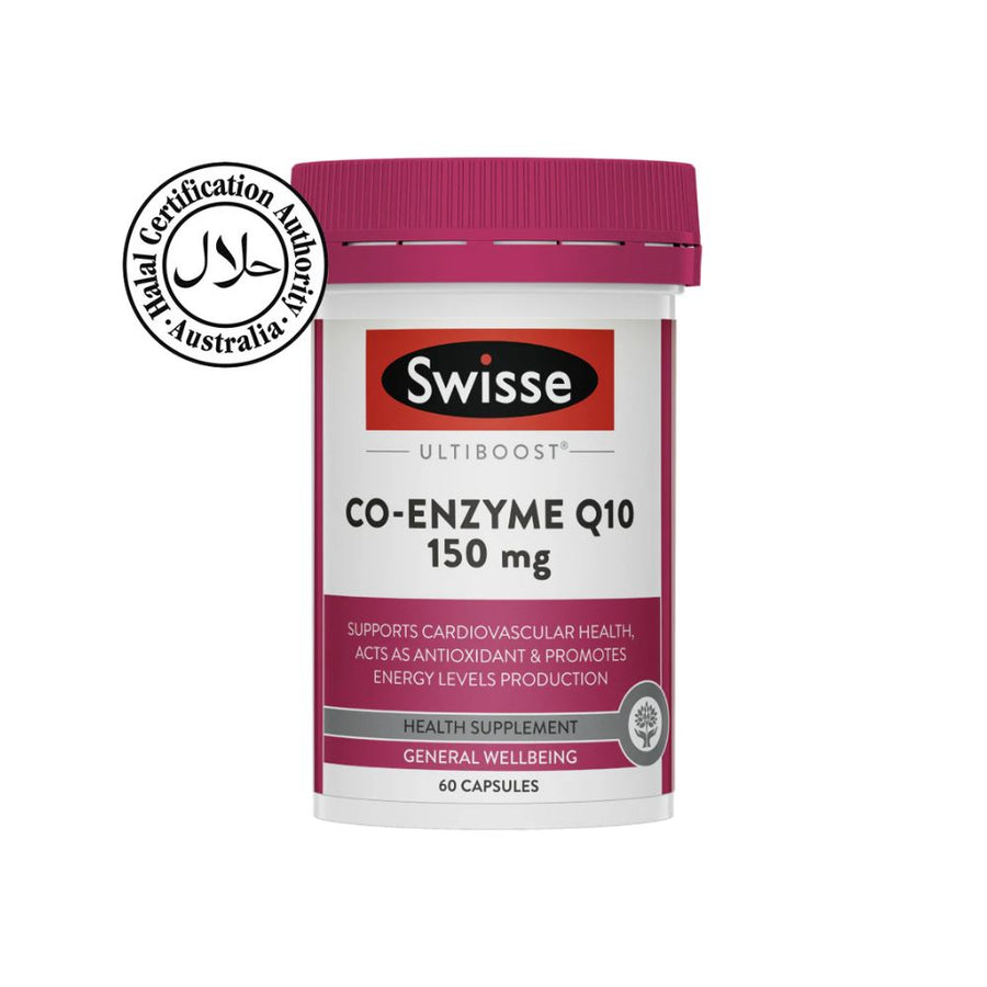 Swisse Co-Enzyme Q10 supplement bottle on a white background