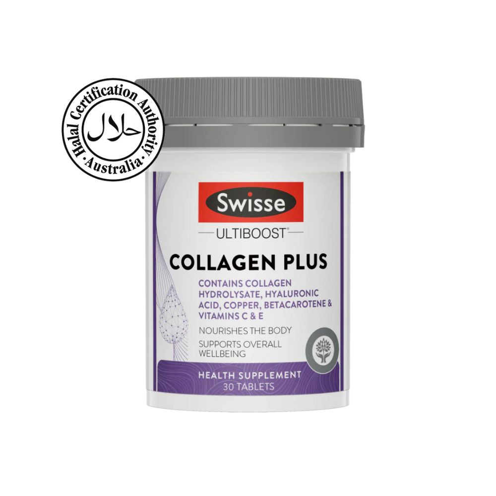Swisse Ultiboost Collagen Plus health supplement container on a white background