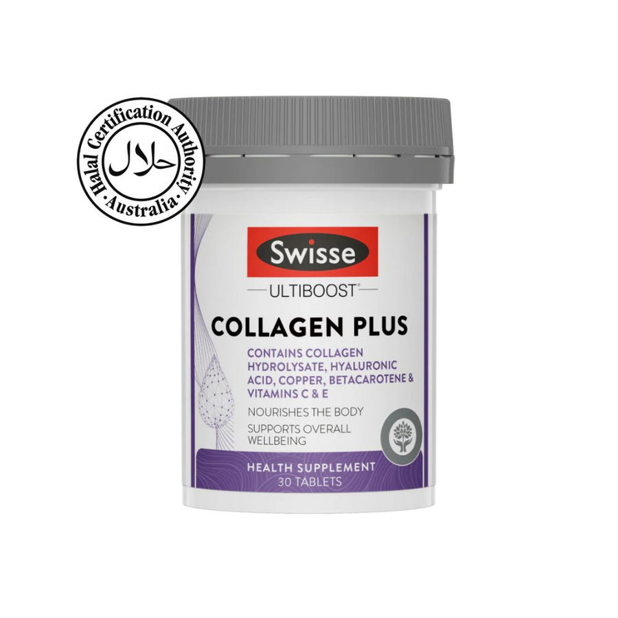 Swisse Ultiboost Collagen Plus health supplement container on a white background