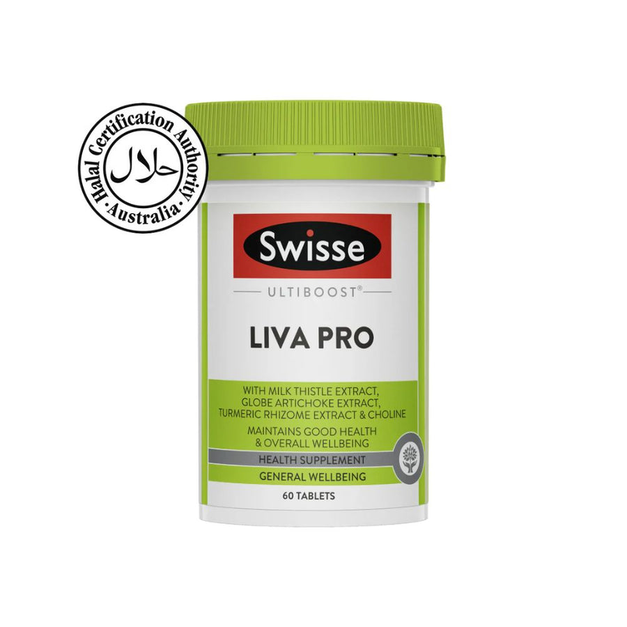 Swisse Liva Pro health supplement container with green lid on a white background
