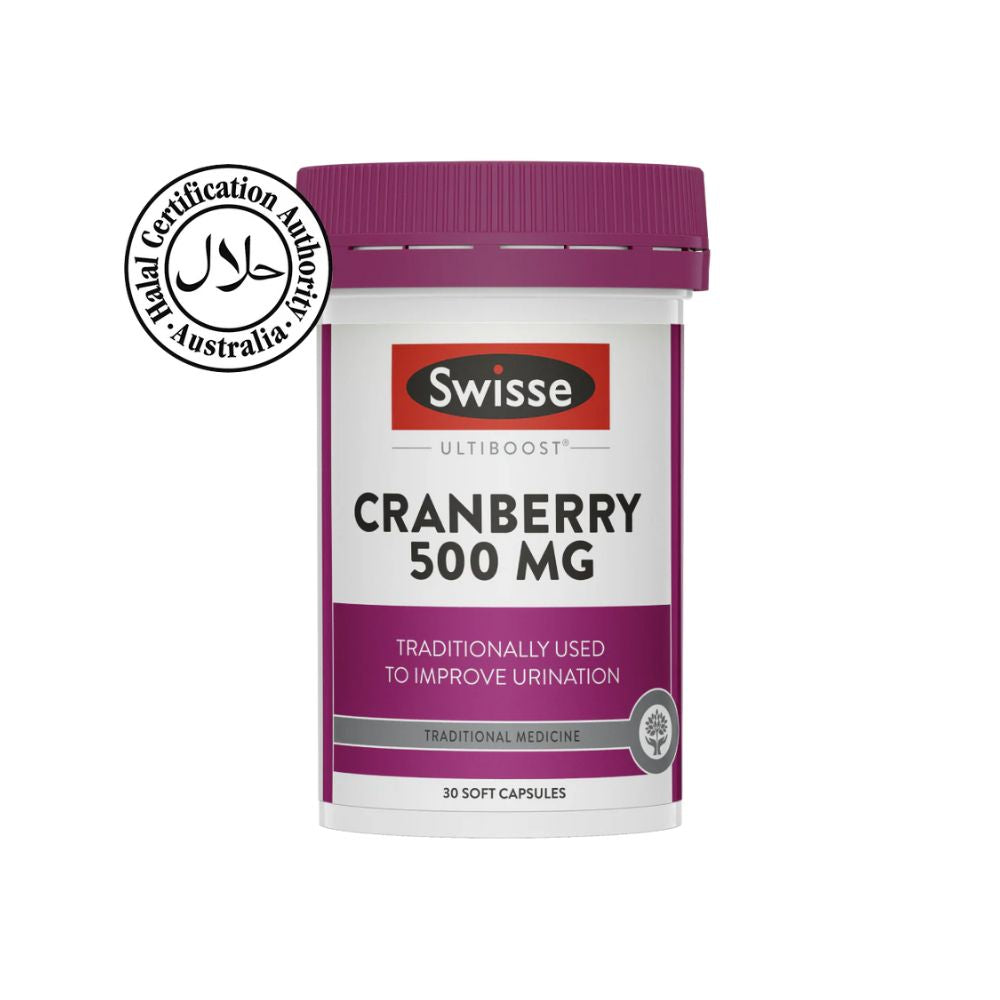 Swisse Cranberry 500 MG supplement bottle with purple cap on a white background