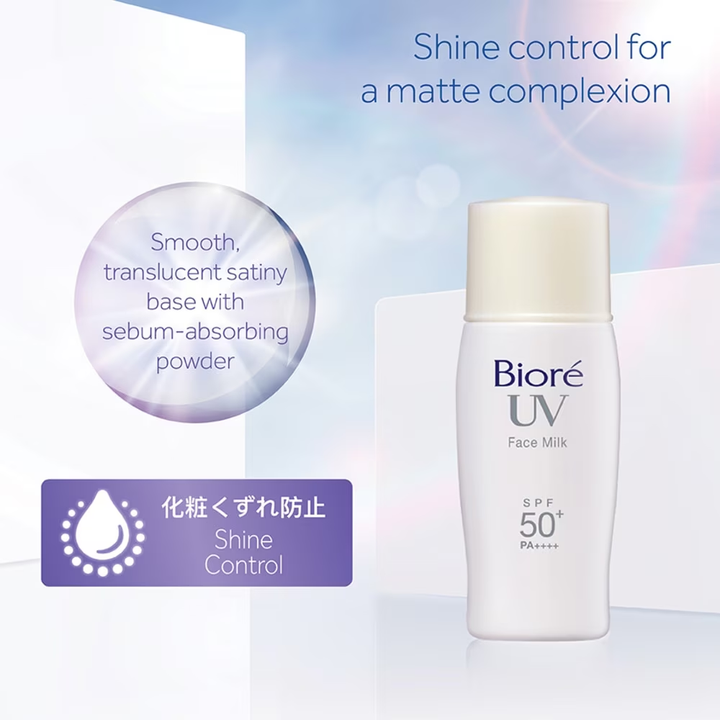 Biore UV Face Milk bottle with text on a light blue gradient background