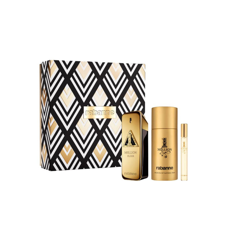 Gift Set: Paco Rabanne 1 Million Elixir Parfum Intense 100ml + 1 Million Deodorant Spray 150ml + 1 Million EDT Travel Spray 10ml.