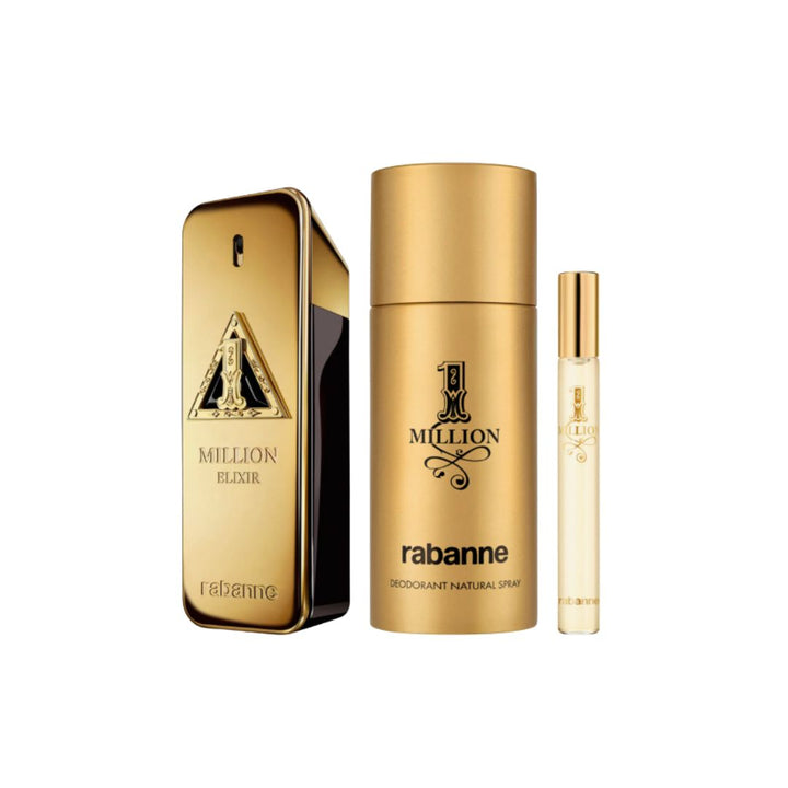 Gift Set: Paco Rabanne 1 Million Elixir Parfum Intense 100ml + 1 Million Deodorant Spray 150ml + 1 Million EDT Travel Spray 10ml.