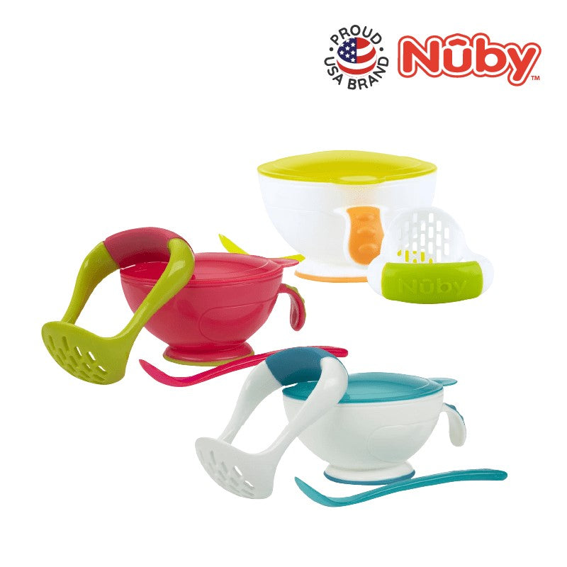 NUBY NB5435 Nuby Garden Fresh Mash N Feed Bowl with Lid, Spoon, and Food Masher Assorted | Isetan KL Online Store